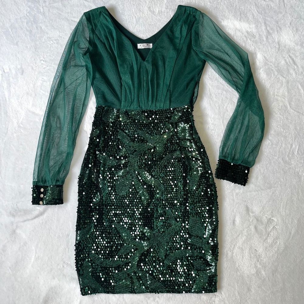 Emerald Green Sequin Prom Dress with Sheer Sleeves